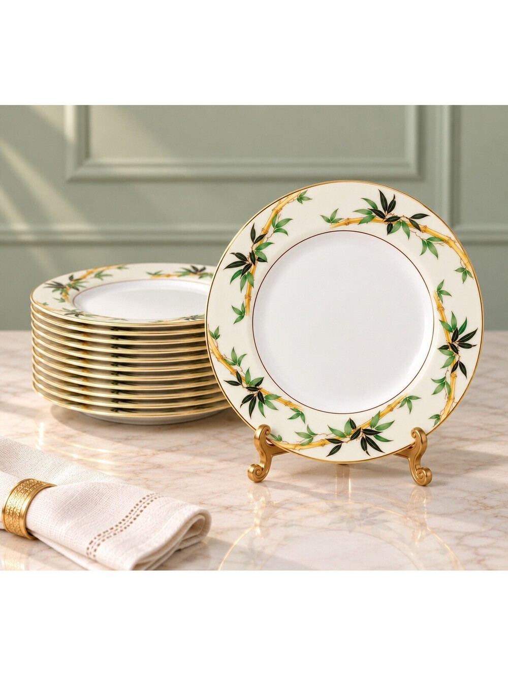 Kent China Japan 1950s Set Of 12 Luncheon Salad Plates Bali Hai Bamboo Gold 6.5"
